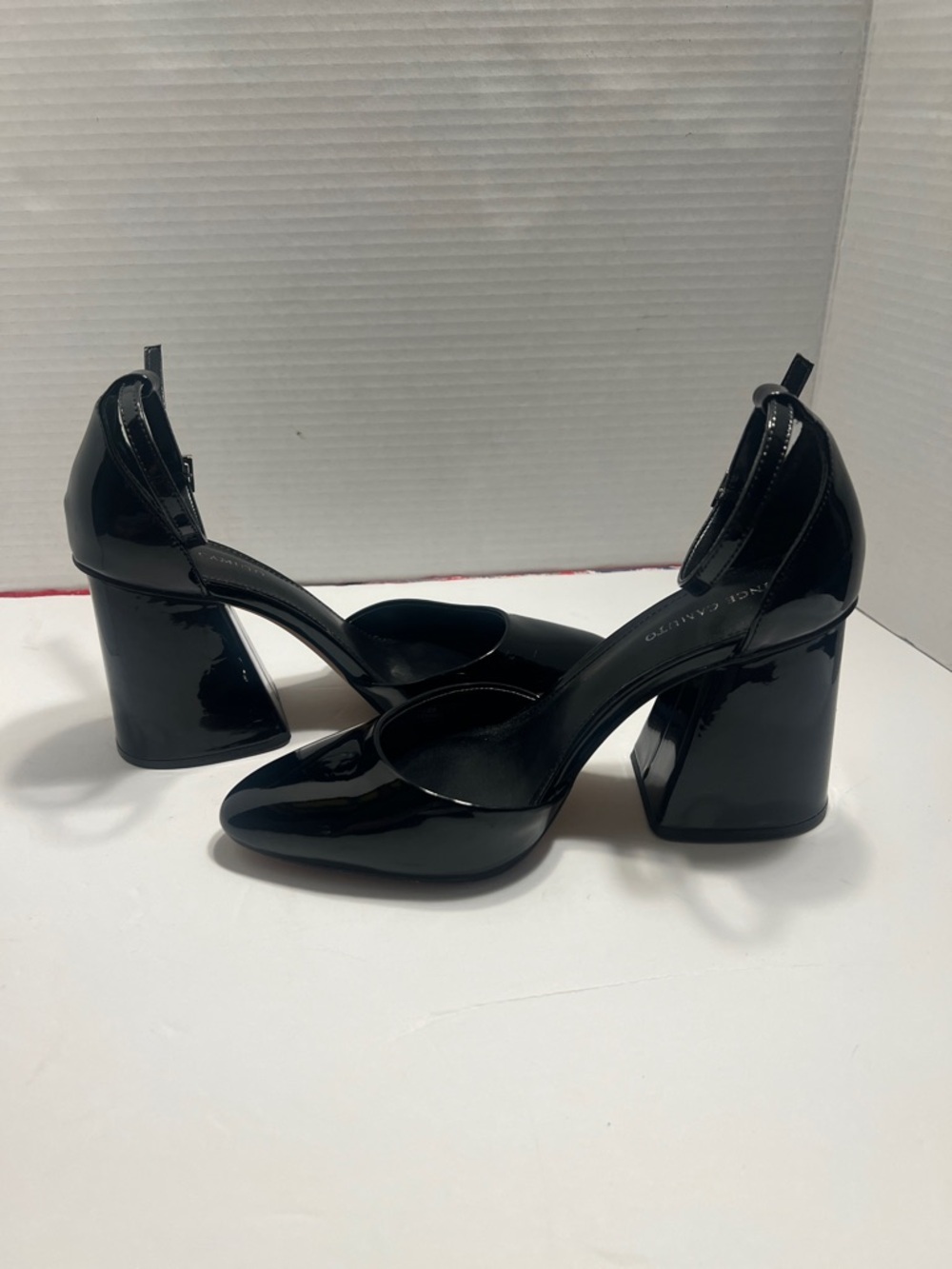 Vince Camuto Black Patent Ankle-Strap Block Heels